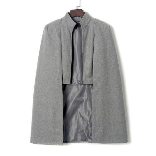 Gray High Neck Plain Woolen Cape