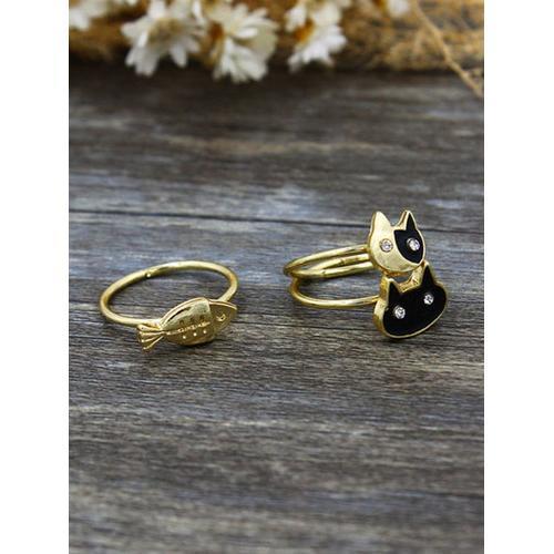 Golden Cute Crystal Cat And Fish Finger Ring Pack