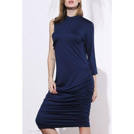 Stylish Stand-Up Collar 3/4 Sleeve Ruched Plus Size Dress For Women - Sapphire Blue Xl