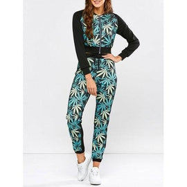 Leaf Print Running Jacket and Drawstring Jogger Pants - Black And Green Xl