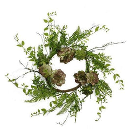 24" Green and Burgundy Red Artificial Succulent Plant and Mixed Fern Wreath - Unlit