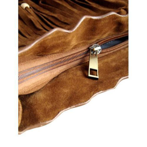 Brown Suedette Plait Beaded Tassel Shoulder Bag