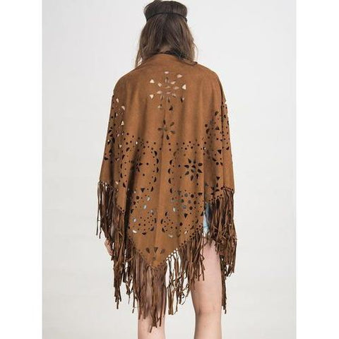 Coffee Suedette Laser Cut Fringed Cape