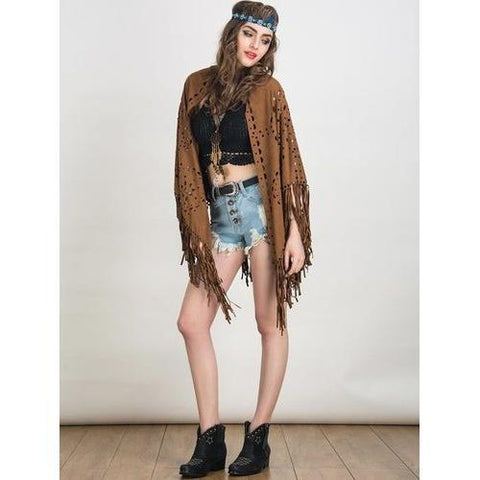 Coffee Suedette Laser Cut Fringed Cape